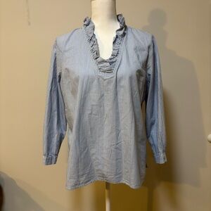 Preppy Coastal Stripe Ruffle Neck Tailored Cotton Tunic Blouse Women XL Blue